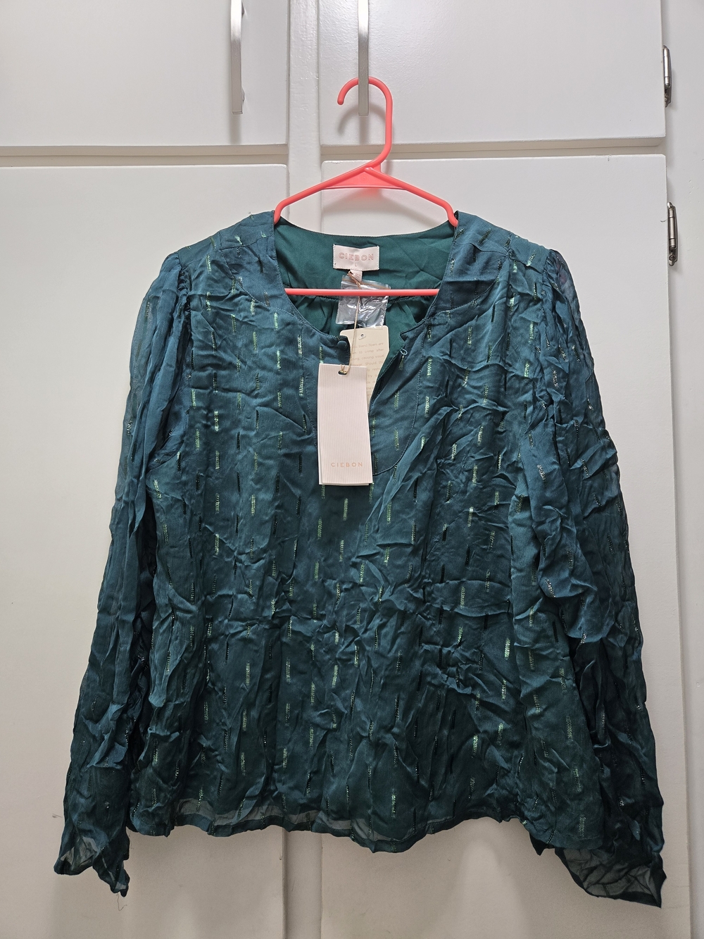 NWT CIEBON Emerald Green Crinkle Metallic Pinstripe Blouse - Size L